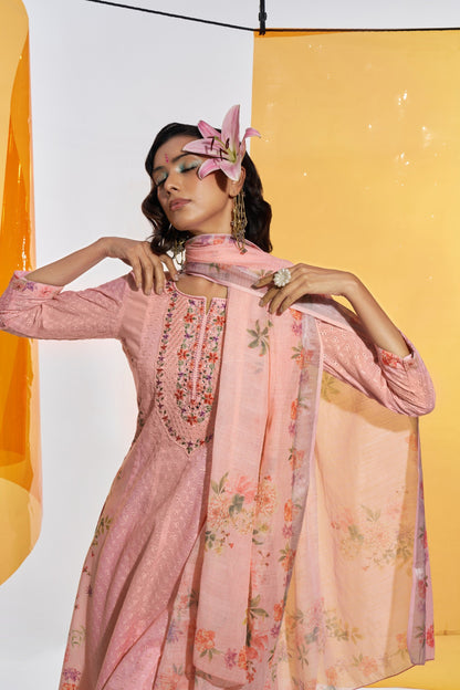 Jaideep Salmon Shchiffli Cotton Embroidered Suit Set