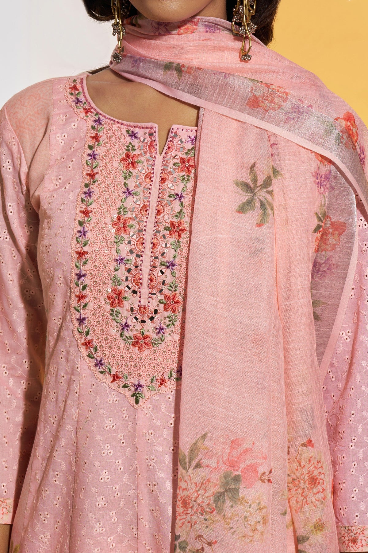 Jaideep Salmon Shchiffli Cotton Embroidered Suit Set