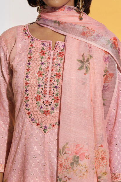 Jaideep Salmon Shchiffli Cotton Embroidered Suit Set