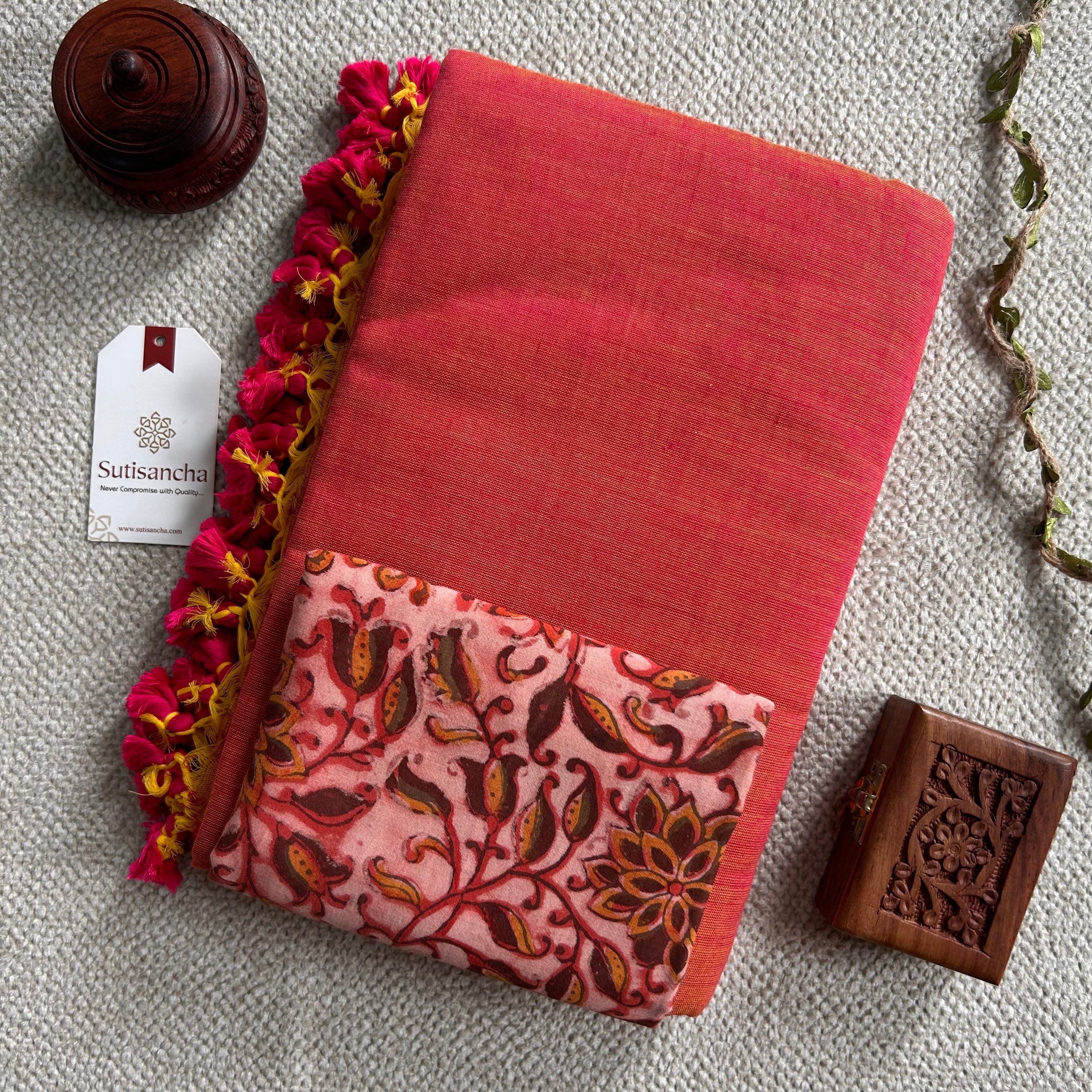 Dhiyona SS Sutisancha Peach Handloom Cotton Saree With Blouse