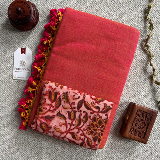 Dhiyona SS Sutisancha Peach Handloom Cotton Saree With Blouse