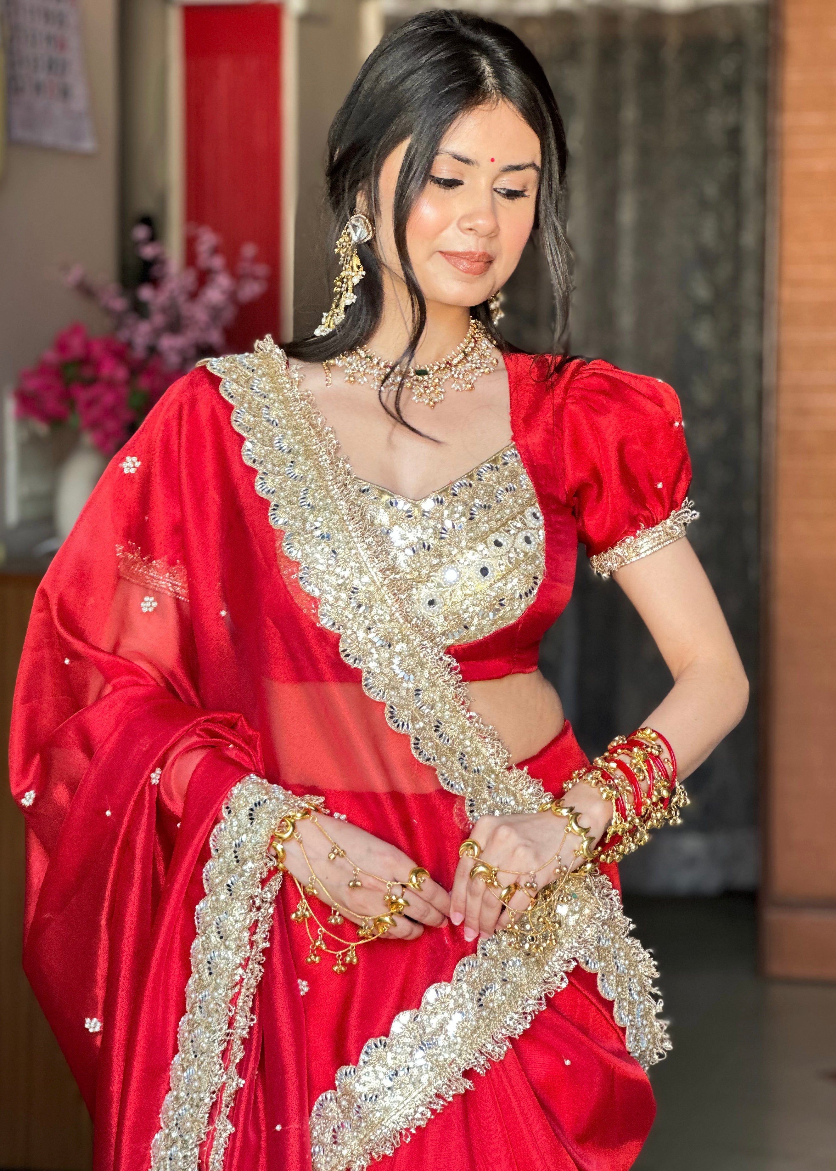 Dhiyona HH Royal Red Gul-e-Zar Flower Pearl Moti Handwork Saree