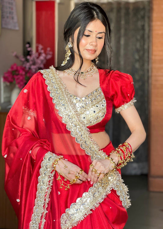 Dhiyona HH Royal Red Gul-e-Zar Flower Pearl Moti Handwork Saree