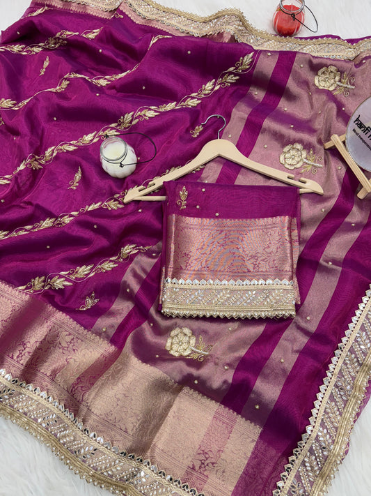 Dhiyona HH Shahi Magenta Pink Aada Zardozi Handwork Tissue Silk Saree