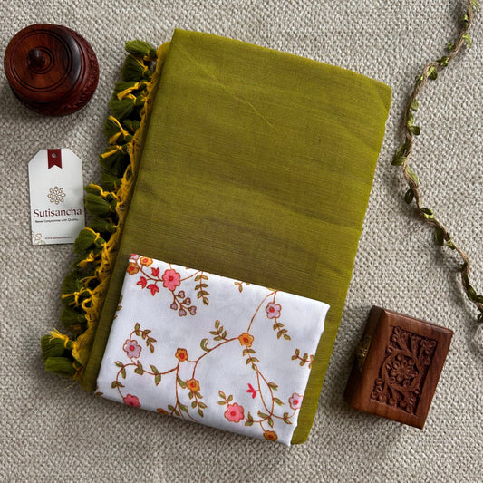 Dhiyona SS Sutisancha Lime colour Handloom Cotton Saree with Designer Blouse