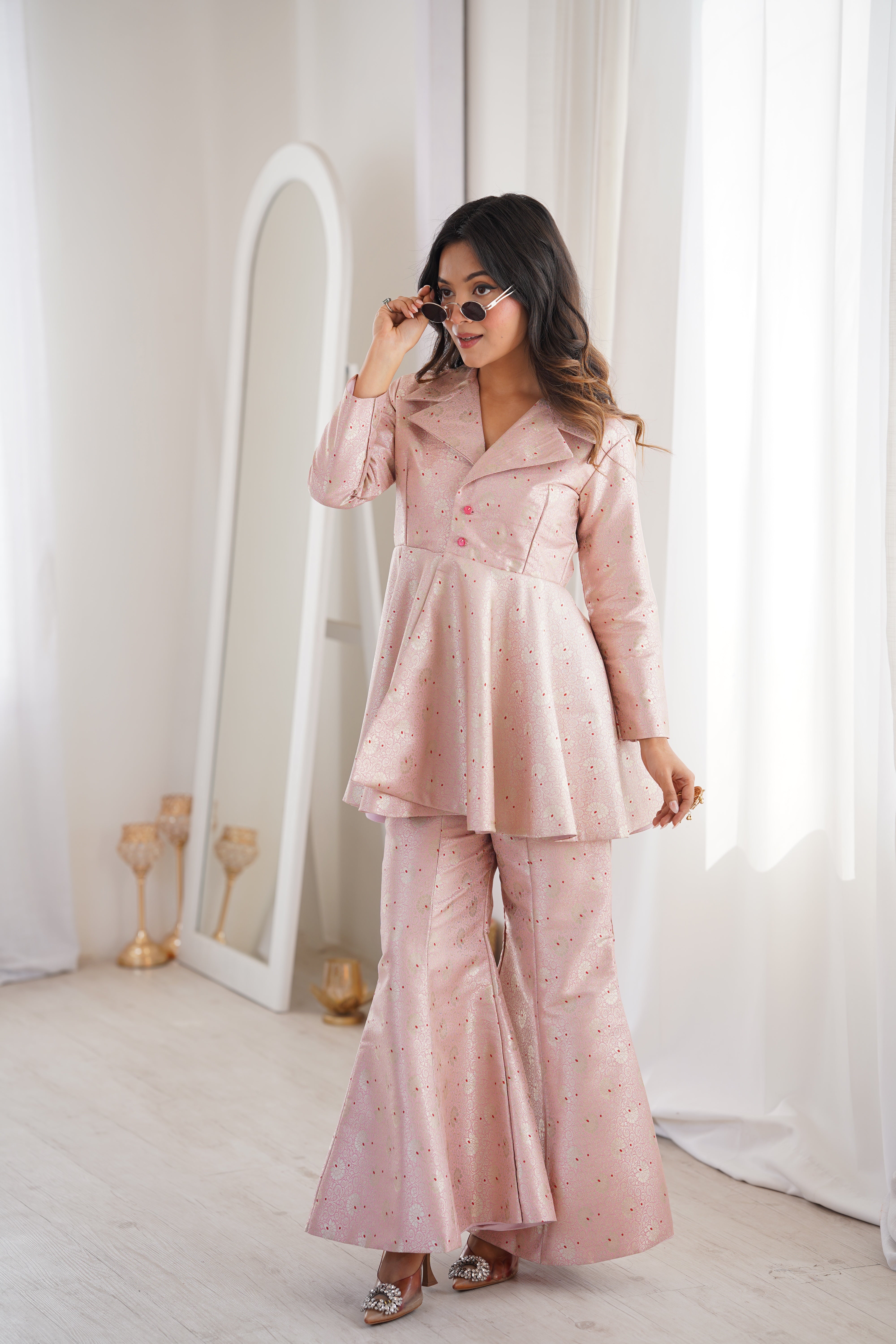 Dhiyona HH Pastel Pink Brocade Peplum Top Co-ord Set with Flared Pants