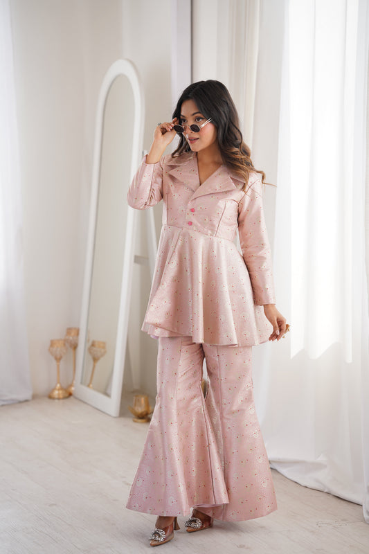 Dhiyona HH Pastel Pink Brocade Peplum Top Co-ord Set with Flared Pants