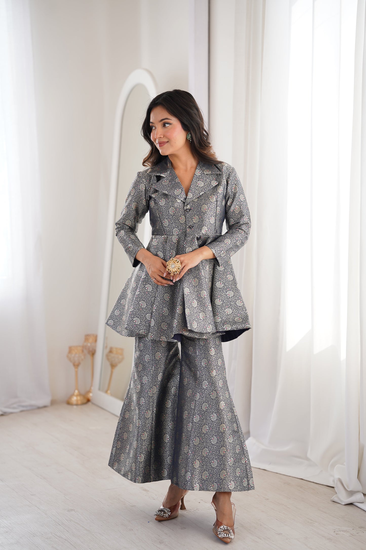 Dhiyona HH Navy Blue Brocade Peplum Top Co-ord Set with Flared Pants