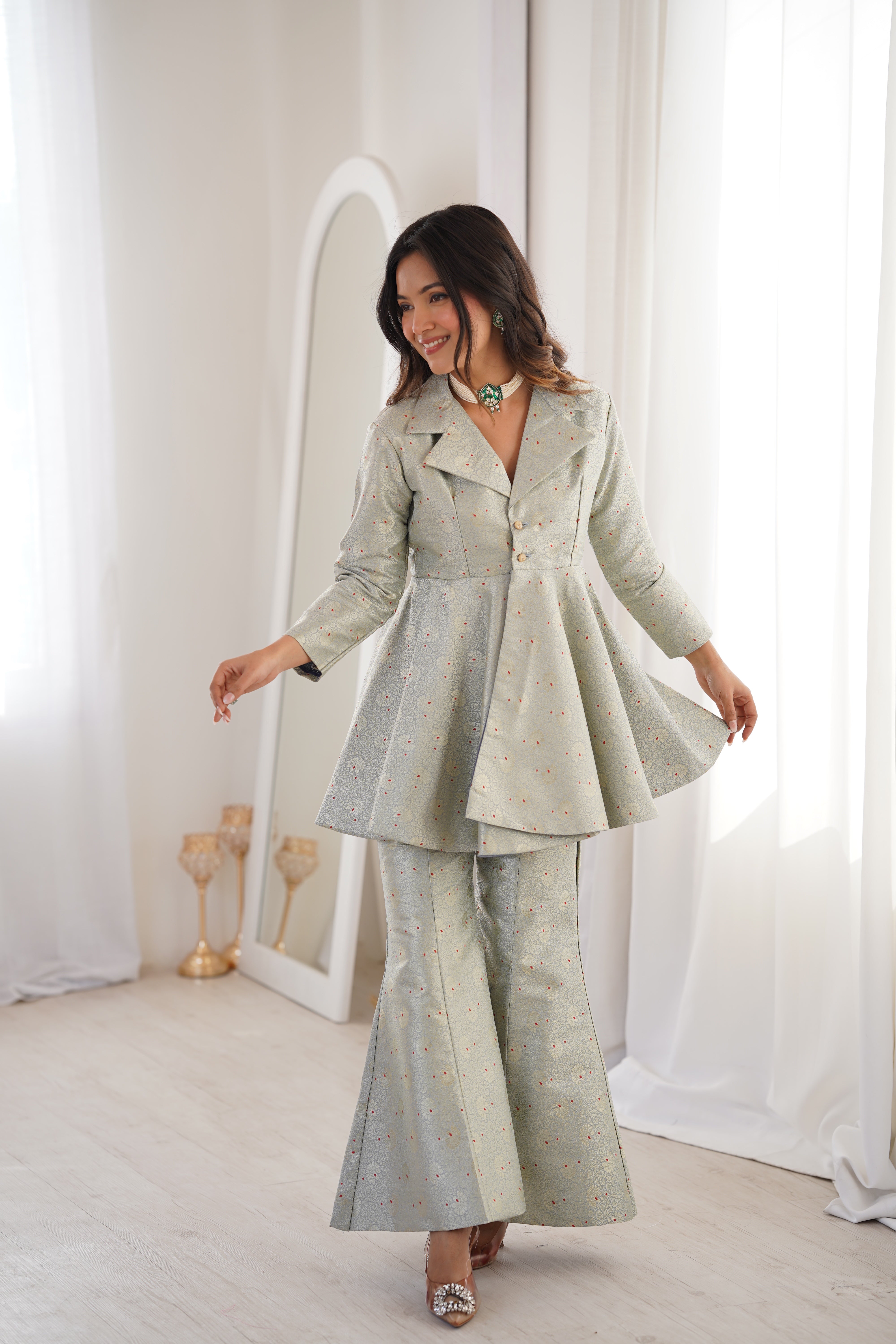 Dhiyona HH Pastel Green Brocade Peplum Top Co-ord Set with Flared Pants