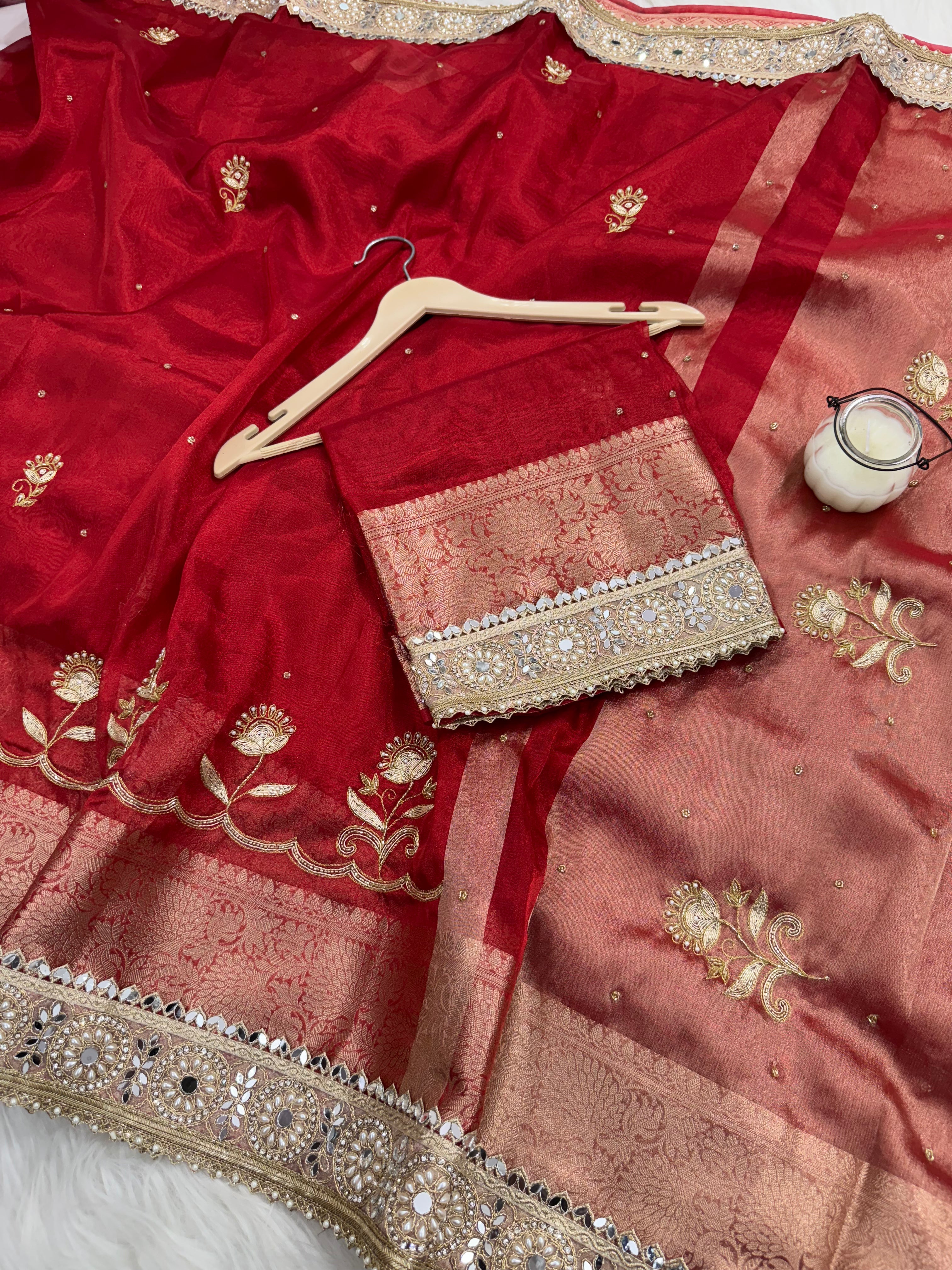 Dhiyona HH Shagun Red Banarasi Hand Zardozi Work Tissue Silk Saree