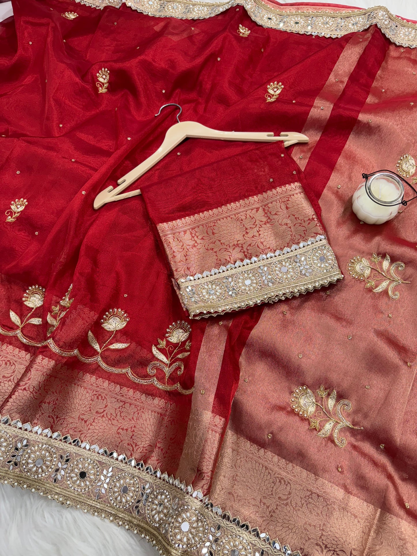 Dhiyona HH Shagun Red Banarasi Hand Zardozi Work Tissue Silk Saree