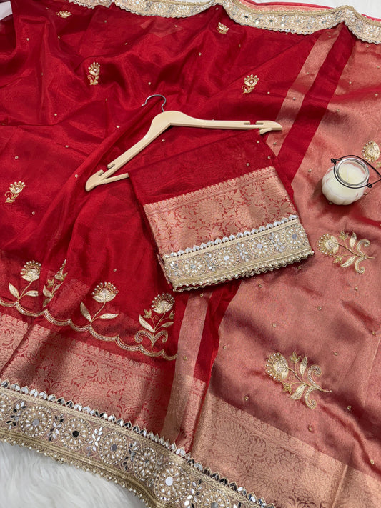 Dhiyona HH Shagun Red Banarasi Hand Zardozi Work Tissue Silk Saree