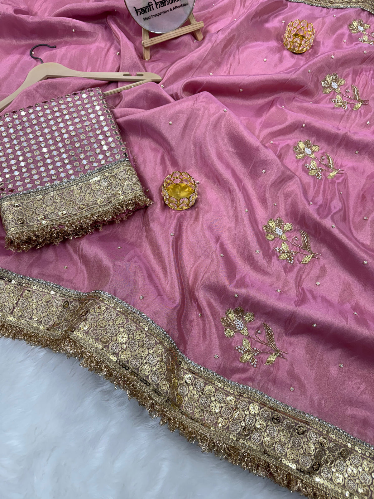 Dhiyona HH Rang-e-Mehar Rose Pink Handcrafted Zardozi Soft Tissue Silk Saree