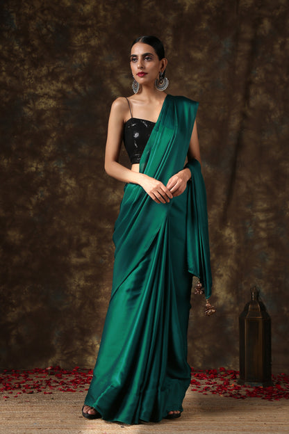 Dhiyona ST Rich Emerald Green Satin Saree with Bronze Pendants