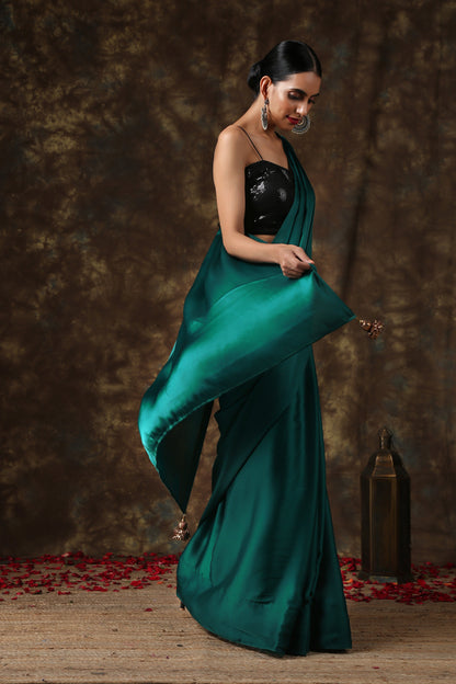 Dhiyona ST Rich Emerald Green Satin Saree with Bronze Pendants