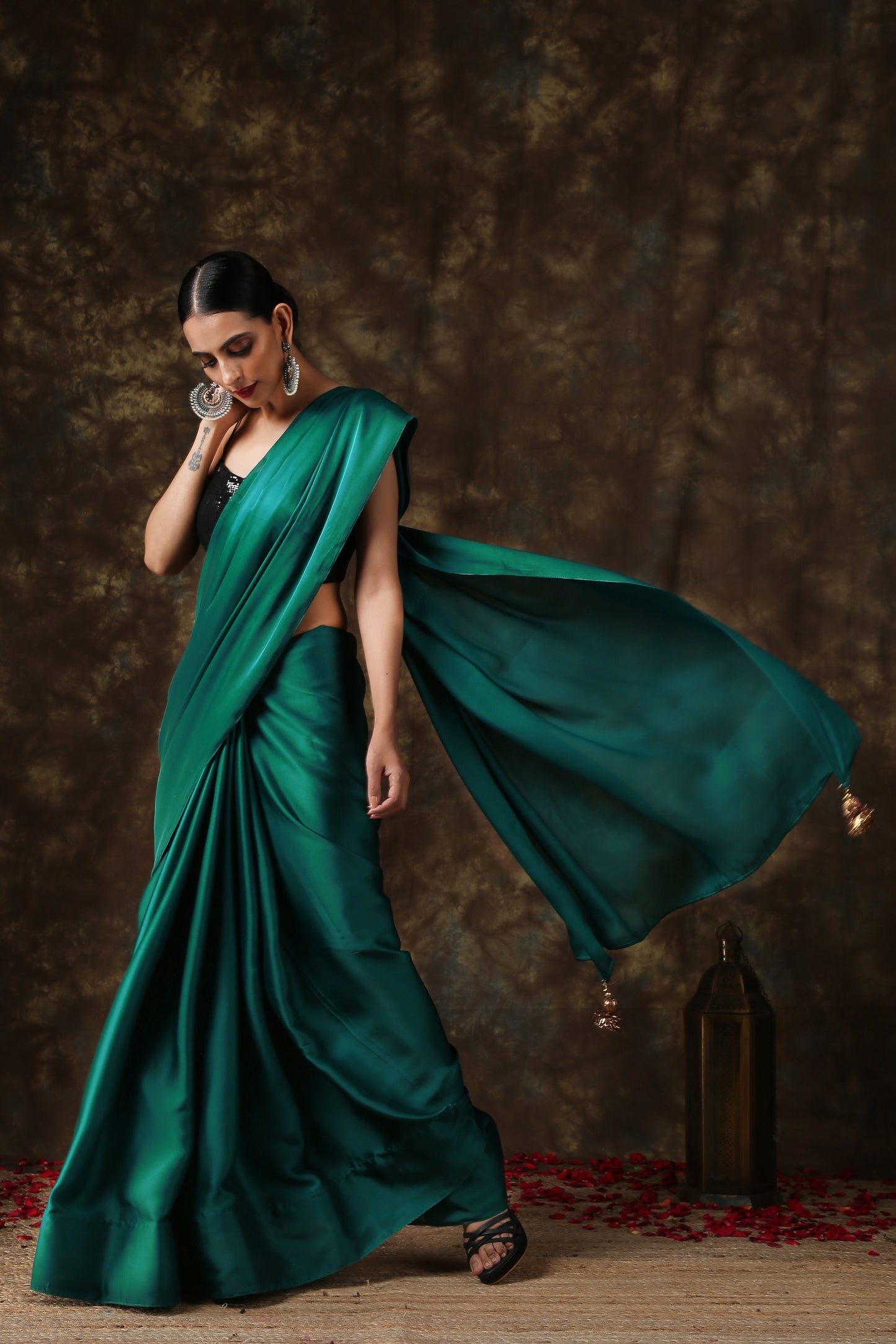 Dhiyona ST Rich Emerald Green Satin Saree with Bronze Pendants