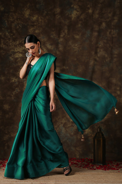 Dhiyona ST Rich Emerald Green Satin Saree with Bronze Pendants