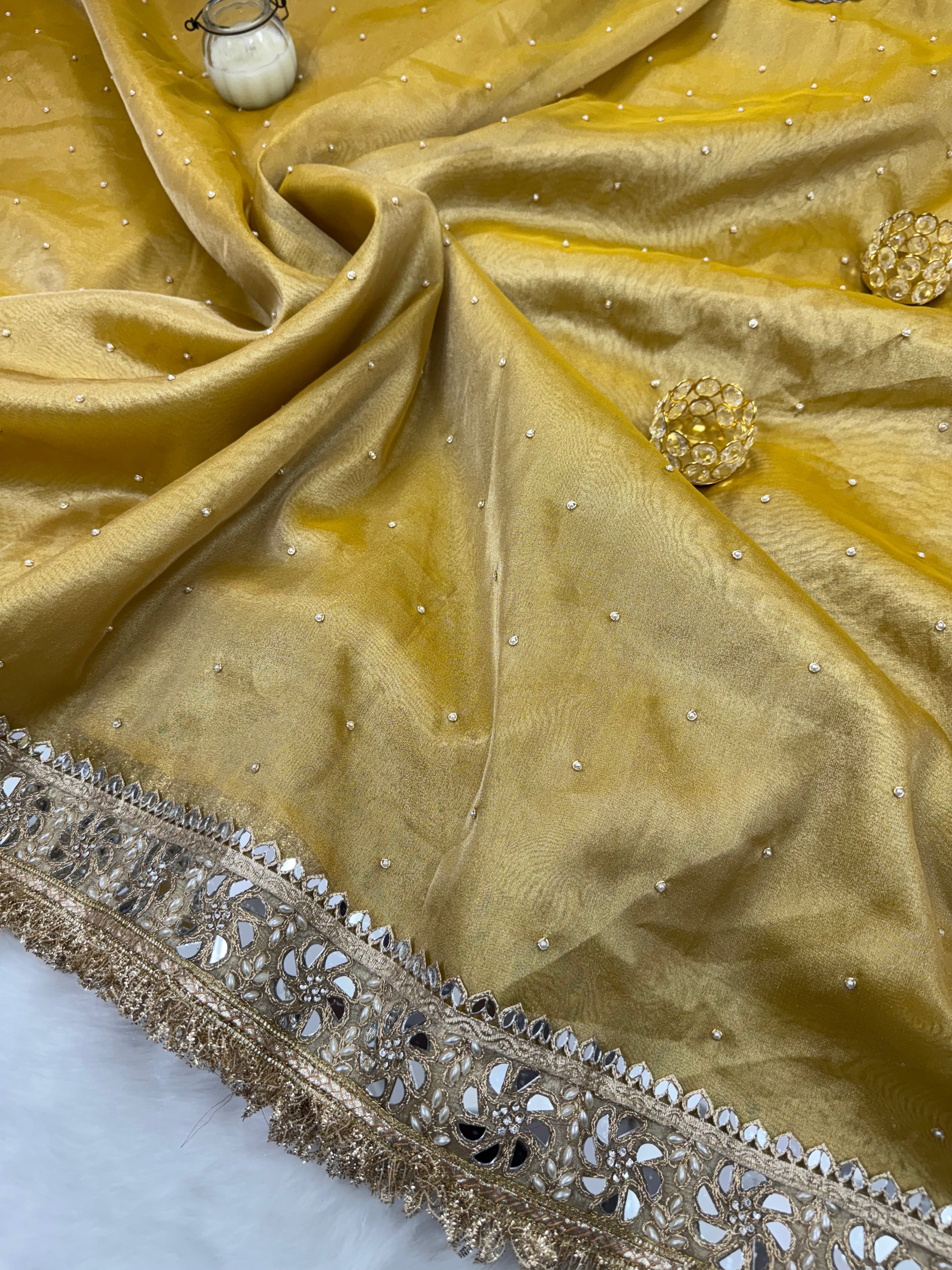 Dhiyona HH Noor-e-Zar Muted Gold Pearl Motif Handwork Saree with Mirror work Borders