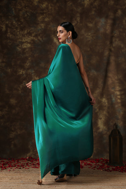 Dhiyona ST Rich Emerald Green Satin Saree with Bronze Pendants