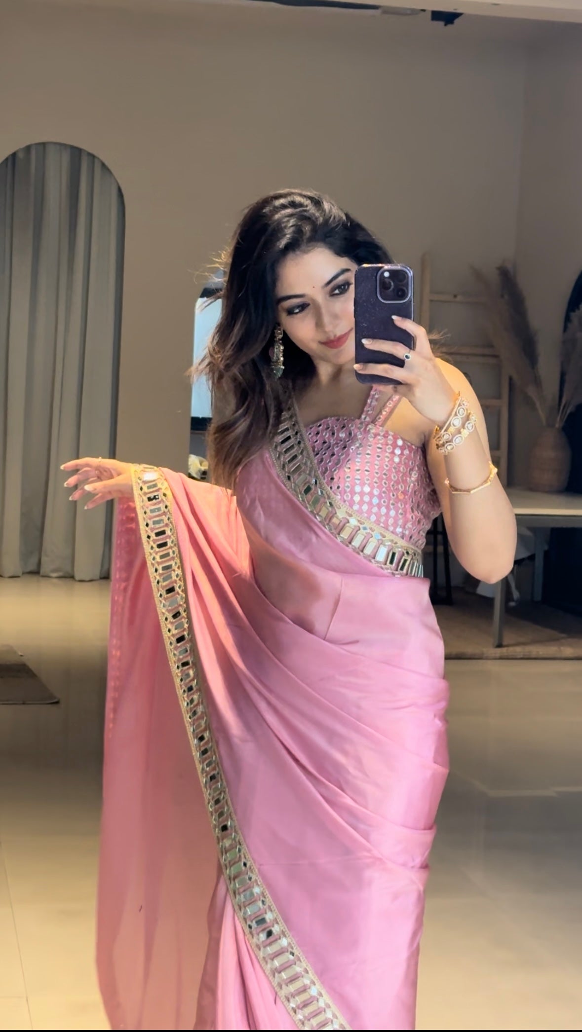 Dhiyona HH Rose Pink Designer Mirror Work Pure Tissue Silk Saree | Special Edition