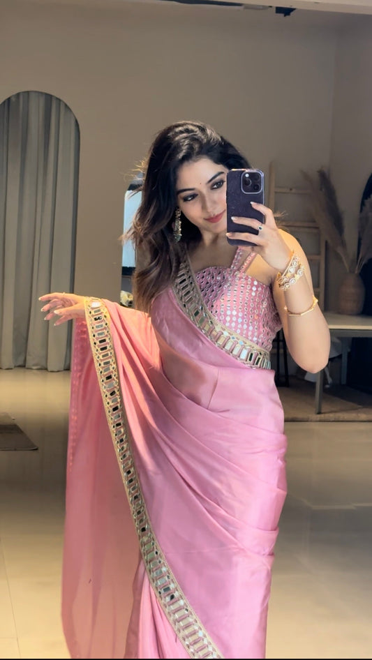 Dhiyona HH Rose Pink Designer Mirror Work Pure Tissue Silk Saree | Special Edition