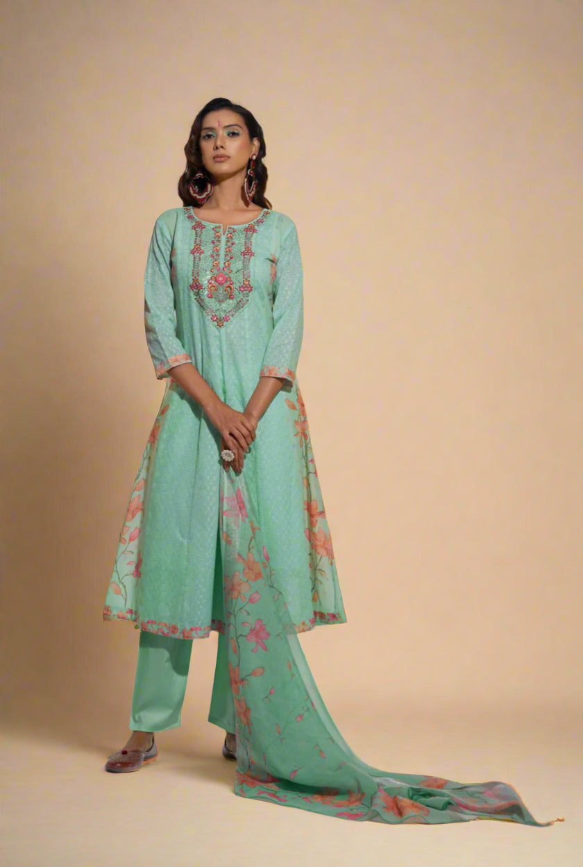 Jaideep Shamrock Schiffli Cotton Suit Set