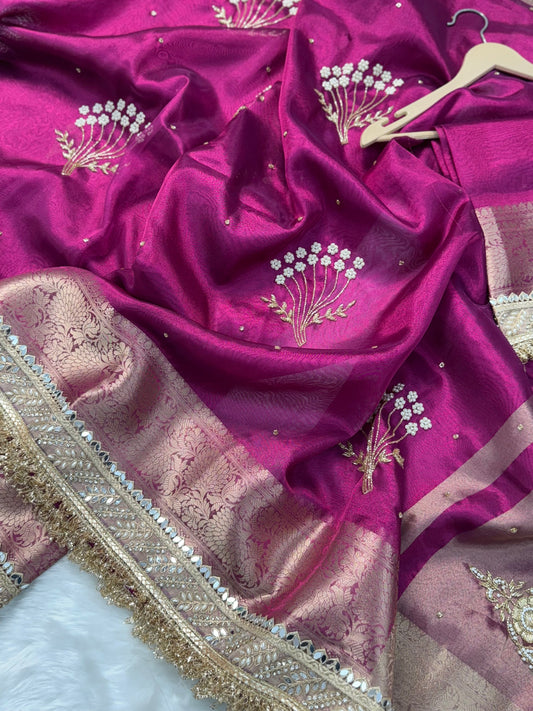 Dhiyona HH Magenta Pink Chand Baliyan Pearl Motif Hand Zardozi Work Saree