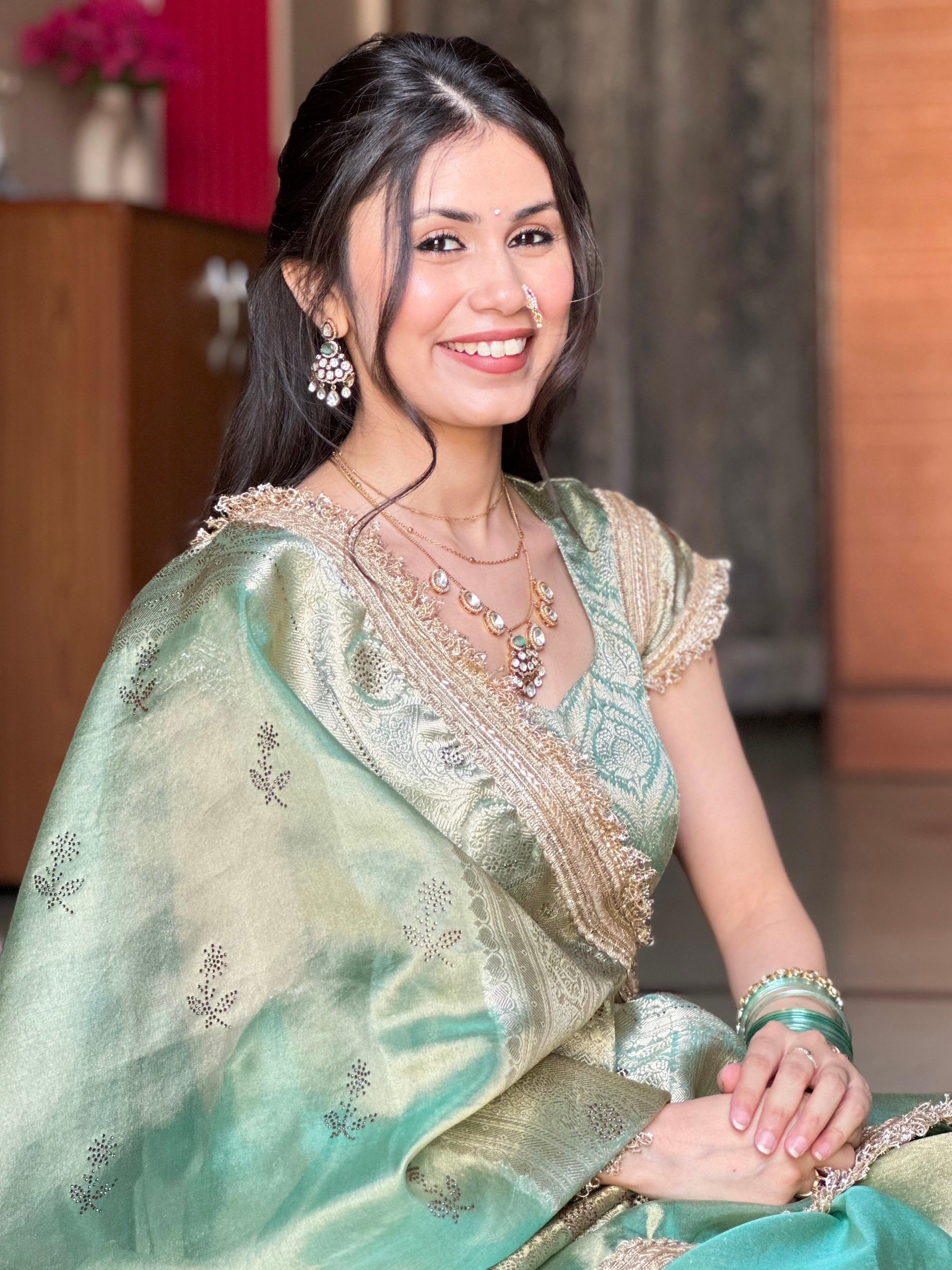 Dhiyona HH Sea Green Ranibagh Swarovski Work Banarasi Tissue Silk Saree