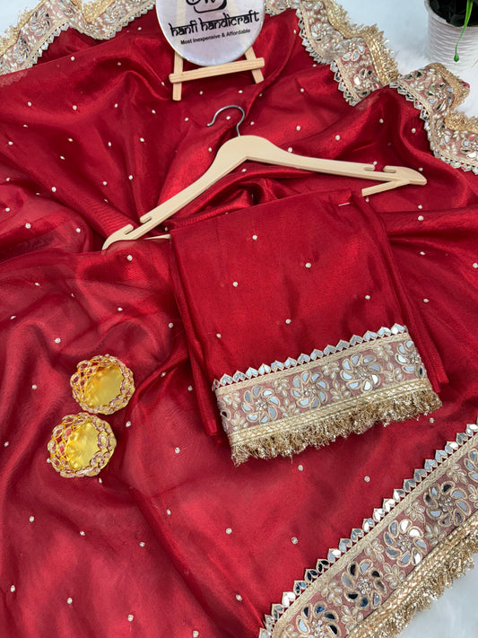 Dhiyona HH Blood Red Noor-e-Zar Pearl Motif Handwork Saree with Mirror work Borders