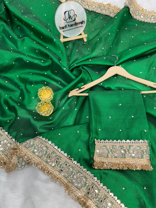 Dhiyona HH Emerald Green Noor-e-Zar Pearl Motif Handwork Saree with Mirror work Borders