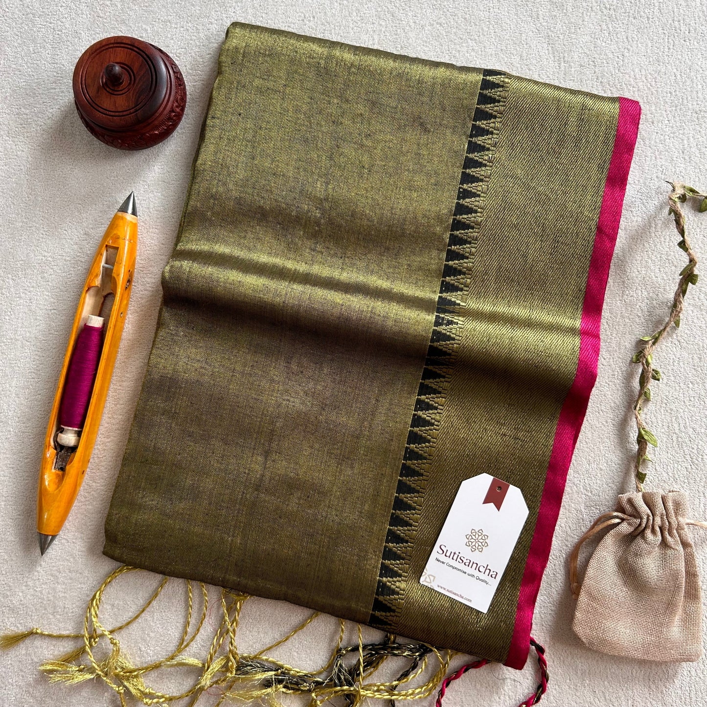 Dhiyona SS Sutisancha Mehndi Handloom Cotton Tissue Saree