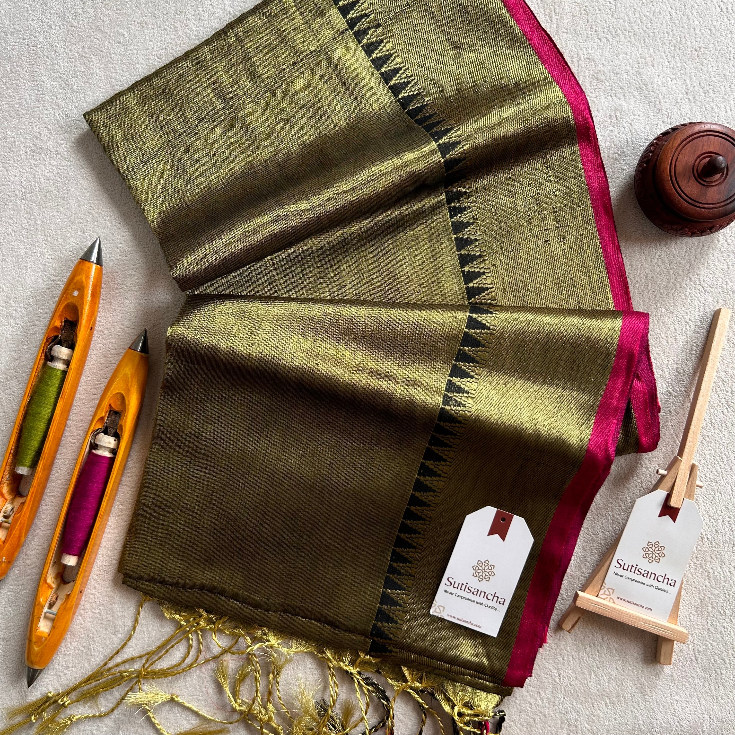 Dhiyona SS Sutisancha Mehndi Handloom Cotton Tissue Saree