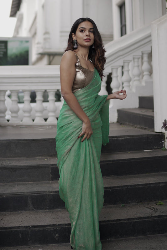 Dhiyona ST Paris Green Paisley Gold Design Chiffon Saree with Beaded Latkan