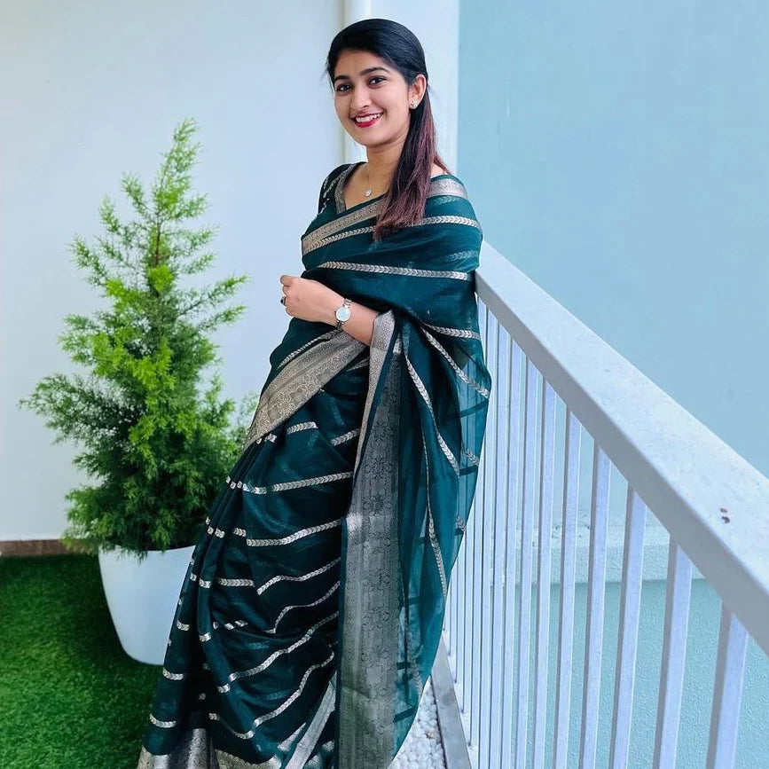 Dhiyona HH Banarasi Woven Soft Organza Stripe Pattern Saree Bottle Green | For Every Occasion & Festivals