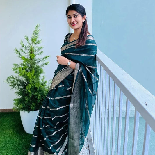 Dhiyona HH Banarasi Woven Soft Organza Stripe Pattern Saree Bottle Green | For Every Occasion & Festivals