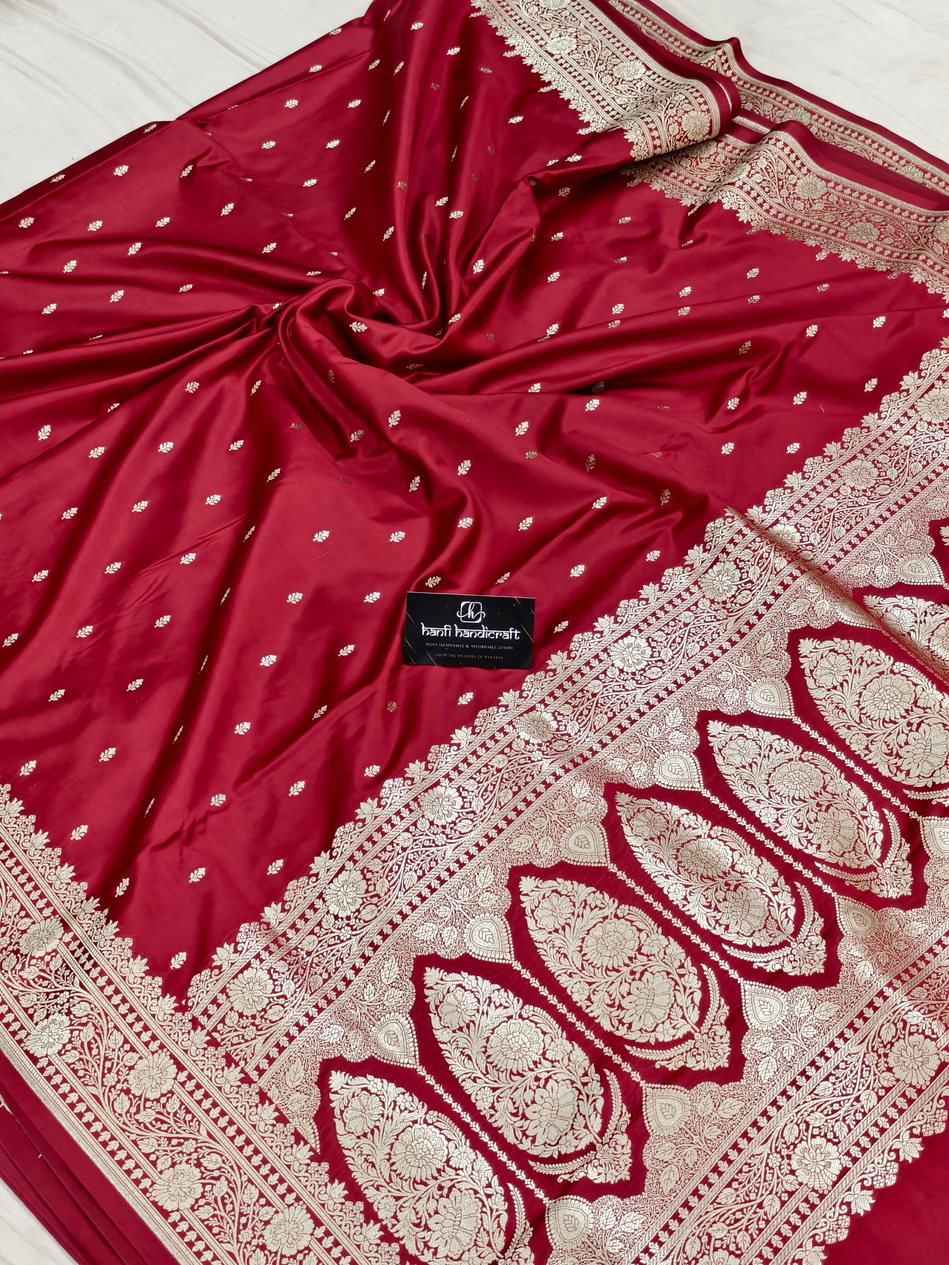 Dhiyona HH Blood red Aesthetic Banarasi Mashru Silk Soft Saree | Chunri Buti Saree