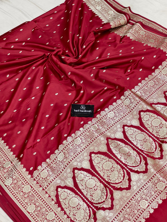 Dhiyona HH Blood red Aesthetic Banarasi Mashru Silk Soft Saree | Chunri Buti Saree