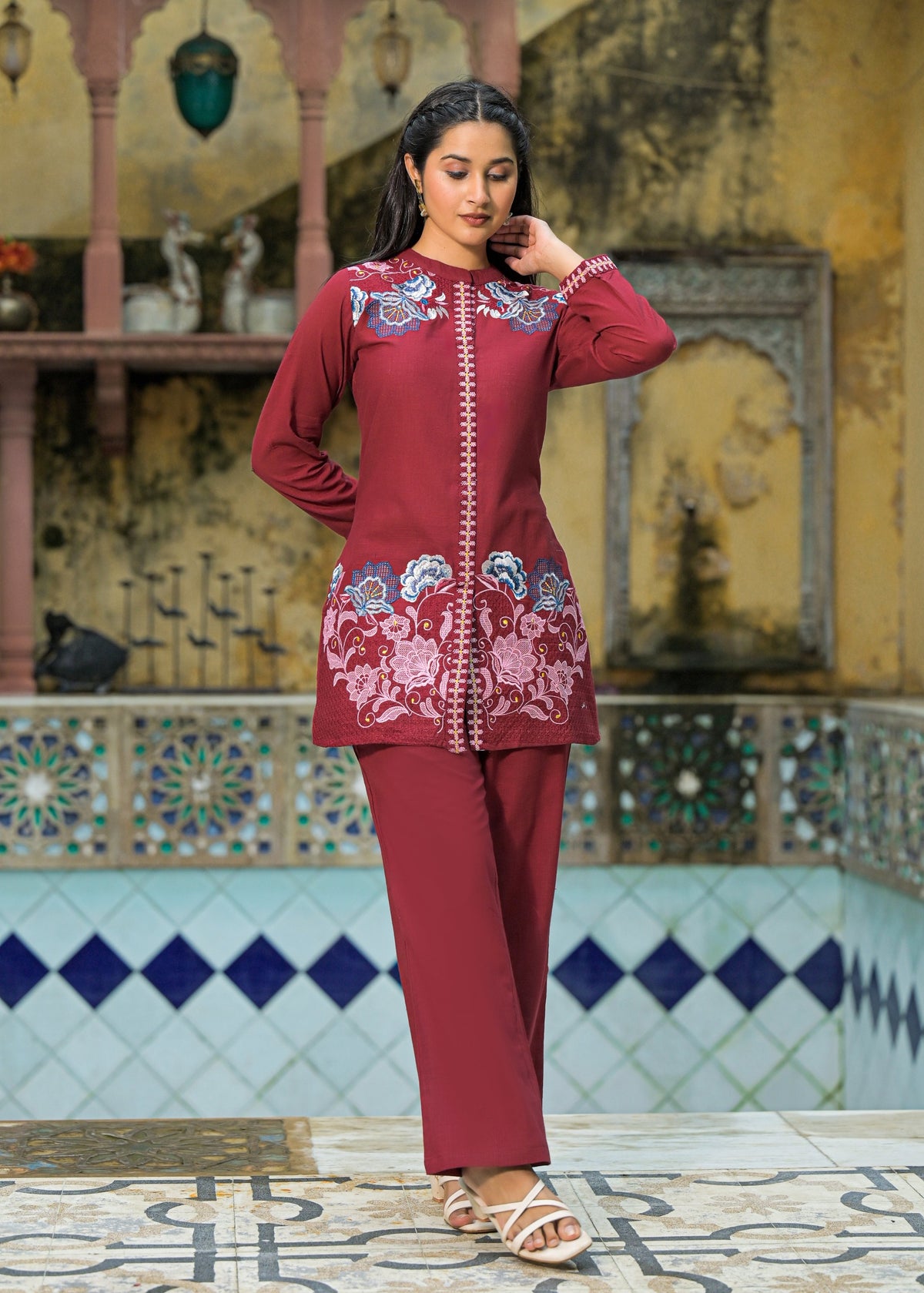 Sanjana Burgundy Embroidered Co-ord Set
