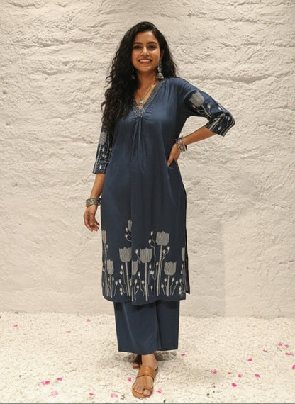 Krystle Navy Printed Kurta Pant Set