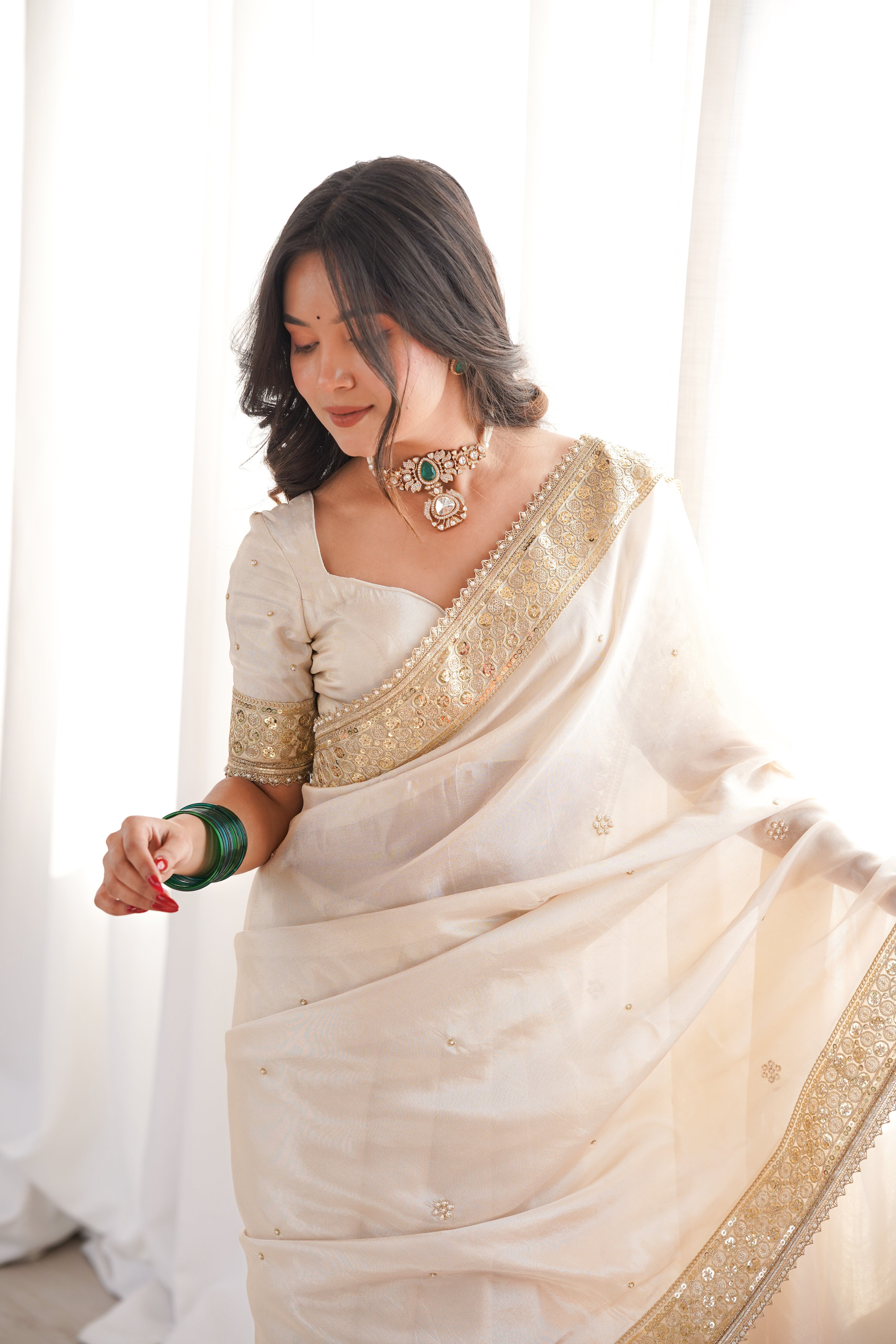 Dhiyona HH Rang-e-Mehar Pearl Ivory Handcrafted Zardozi Soft Tissue Silk Saree