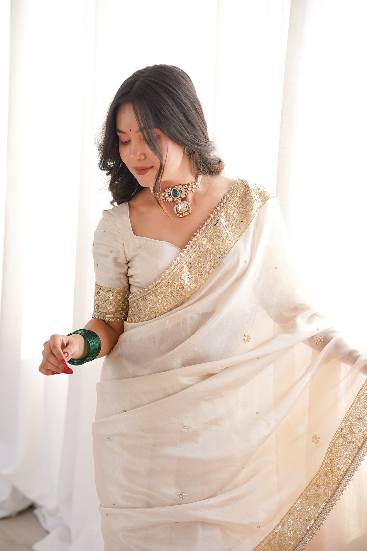 Dhiyona HH Rang-e-Mehar Pearl Ivory Handcrafted Zardozi Soft Tissue Silk Saree