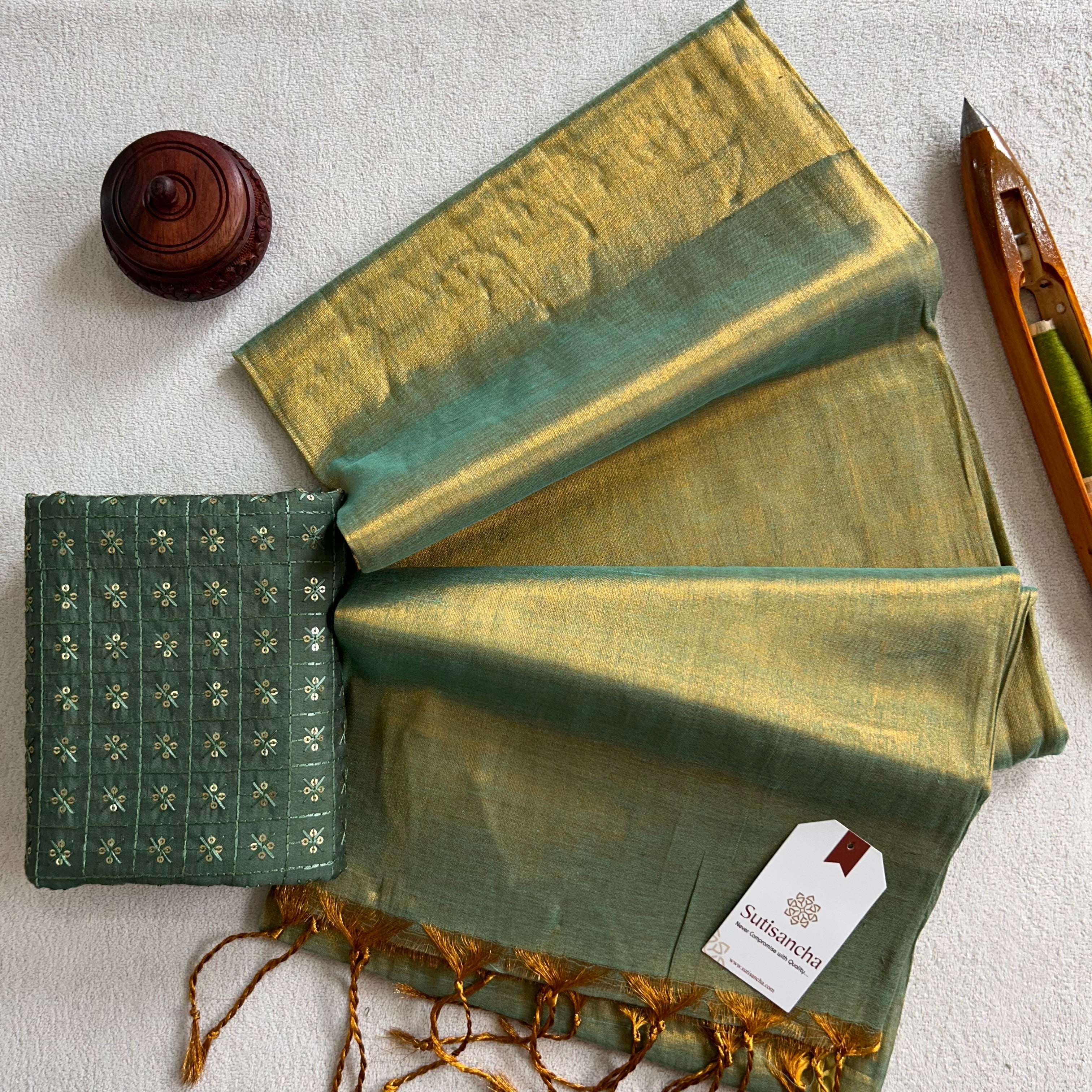 Dhiyona SS Sutisancha Mint green Handloom Tissue Saree With Designer Blouse