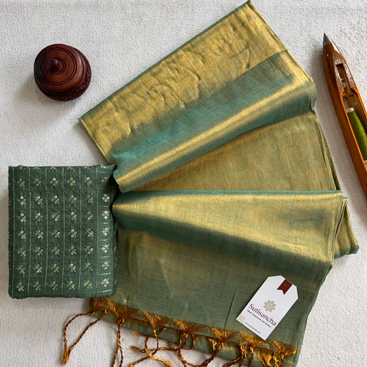Dhiyona SS Sutisancha Mint green Handloom Tissue Saree With Designer Blouse
