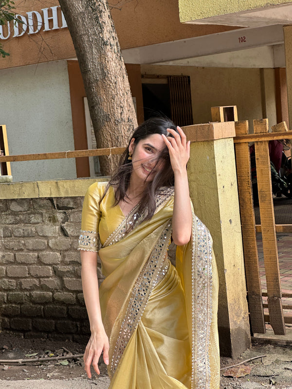 Dhiyona HH Yellow Gold Banarasi Rajkumari Mirror Work Tissue Silk Saree