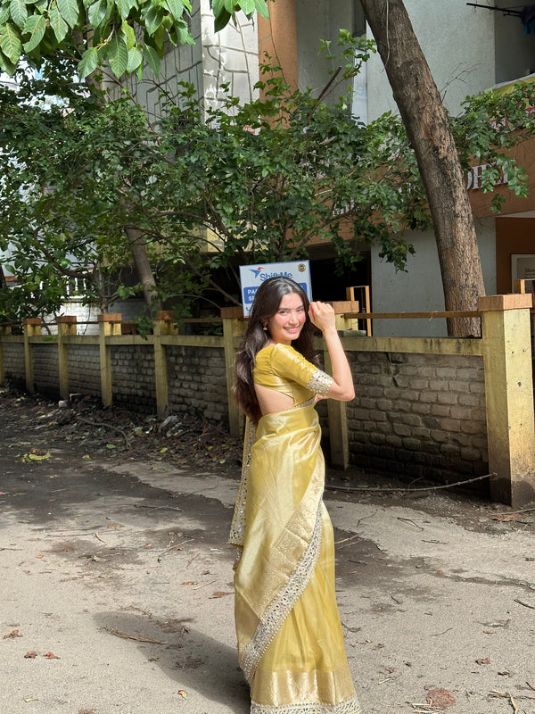 Dhiyona HH Yellow Gold Banarasi Rajkumari Mirror Work Tissue Silk Saree