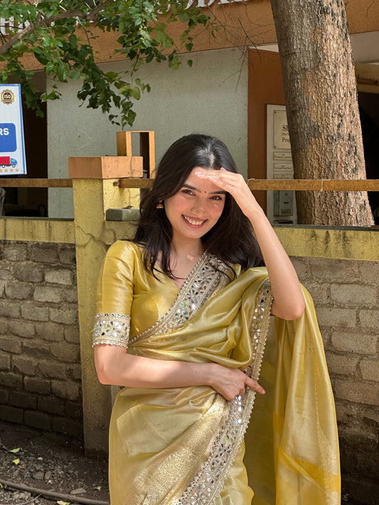 Dhiyona HH Yellow Gold Banarasi Rajkumari Mirror Work Tissue Silk Saree