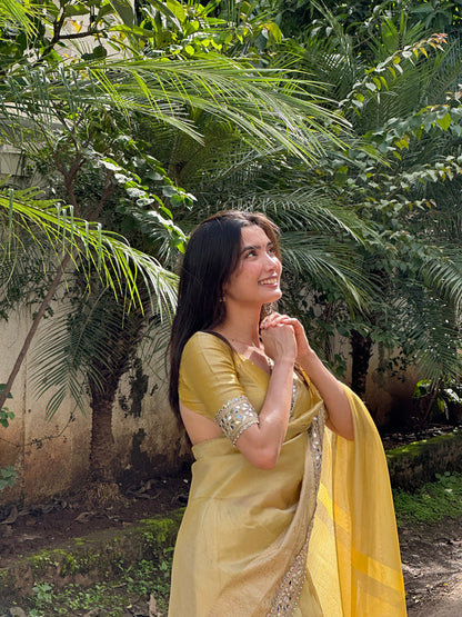 Dhiyona HH Yellow Gold Banarasi Rajkumari Mirror Work Tissue Silk Saree