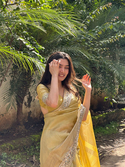 Dhiyona HH Yellow Gold Banarasi Rajkumari Mirror Work Tissue Silk Saree