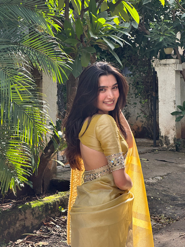 Dhiyona HH Yellow Gold Banarasi Rajkumari Mirror Work Tissue Silk Saree