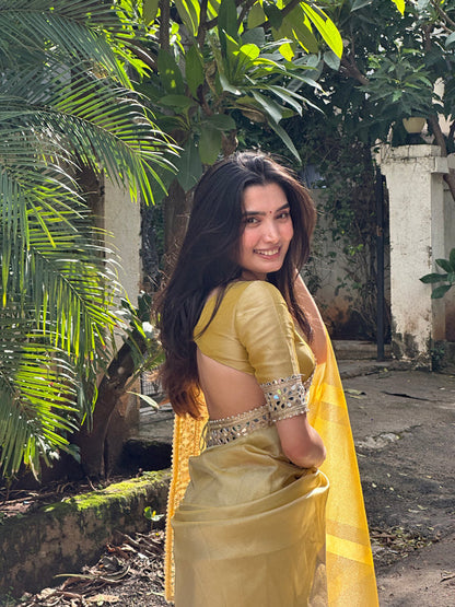 Dhiyona HH Yellow Gold Banarasi Rajkumari Mirror Work Tissue Silk Saree